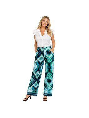 2/$24 Ariella Medium Geometric Print Wide-Leg Pants  Teal, Aqua, Black
